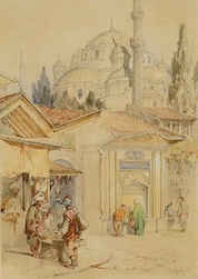 Orientalist School, pencil and watercolour, Street scene with market sellers, indistinctly signed lower right, 30 x 21cm, gilt framed. Condition - fair to good